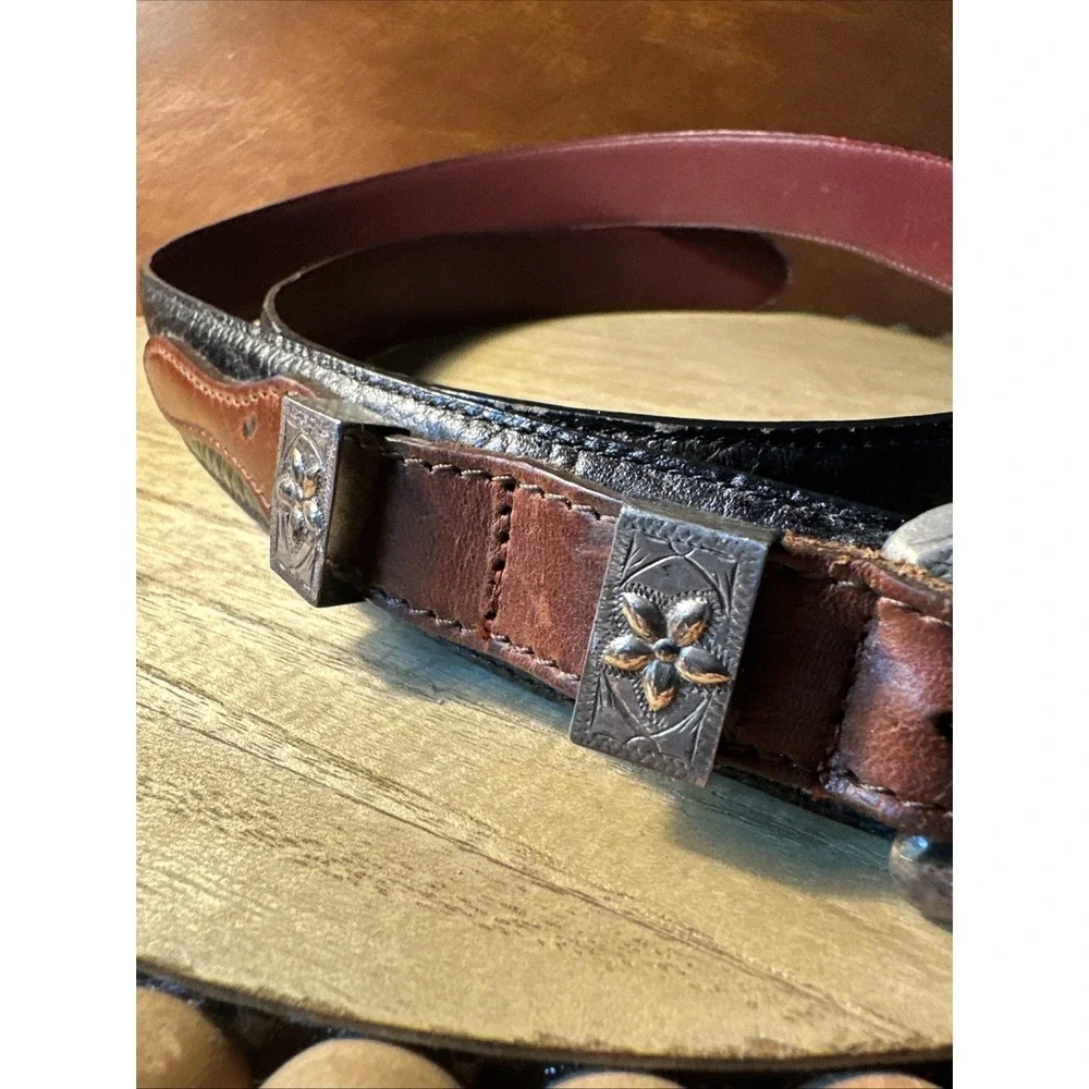 Brighton Belt Womens 36 Two Tone Black Brown And Silver Decor Western